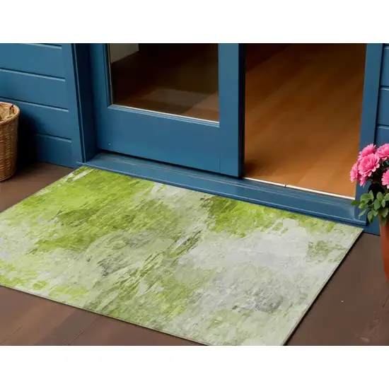 Artichoke Green And Lime Green Abstract Washable Indoor Outdoor Area Rug Photo 1