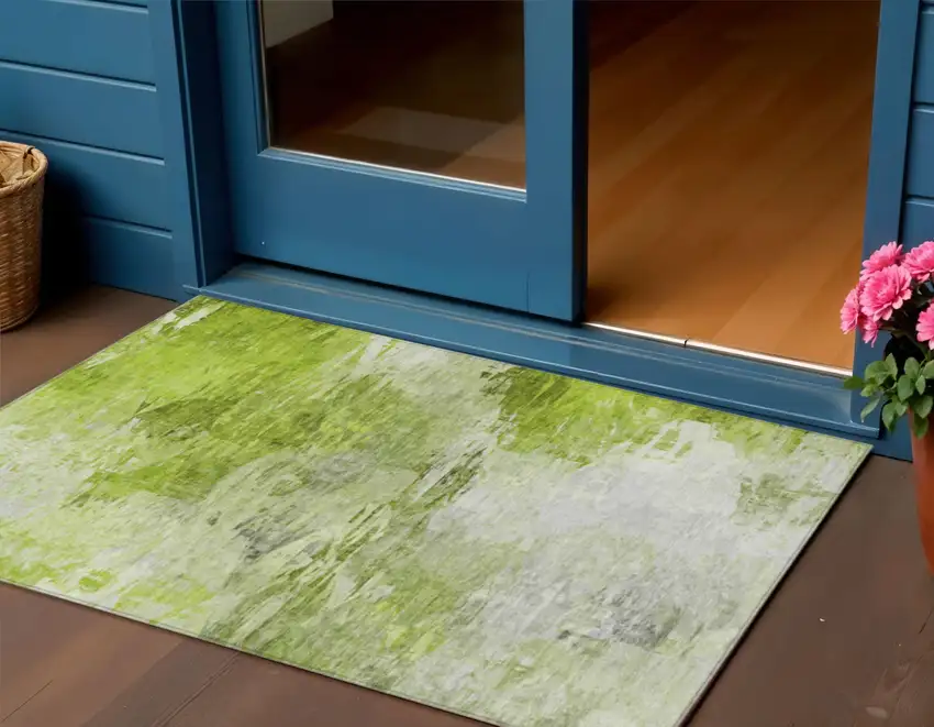 Artichoke Green And Lime Green Abstract Washable Indoor Outdoor Area Rug Photo 1