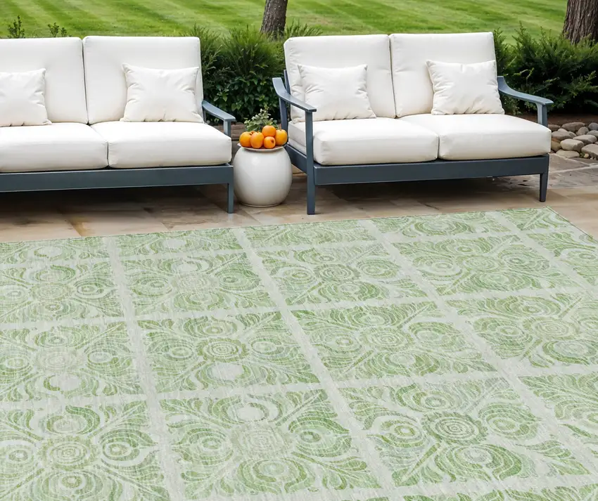 Artichoke Green And Mint Green Medallion Washable Indoor Outdoor Area Rug Photo 1