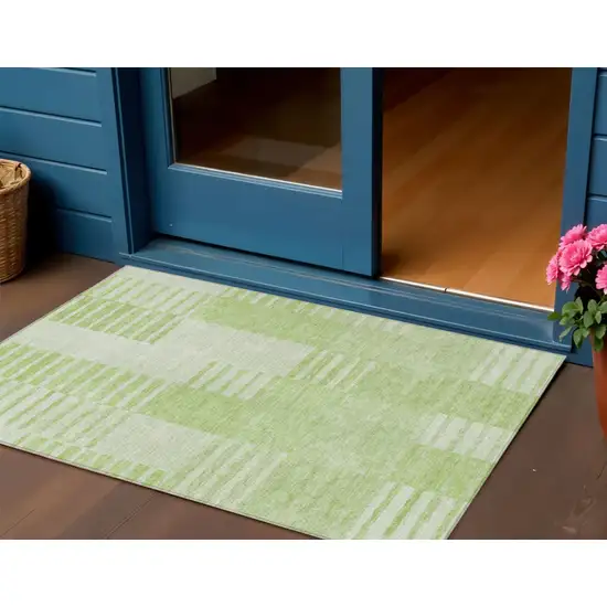 Artichoke Green And Mint Green Striped Washable Indoor Outdoor Area Rug Photo 1