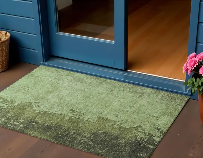 Artichoke Green And Olive Green Abstract Washable Indoor Outdoor Area Rug Photo 2