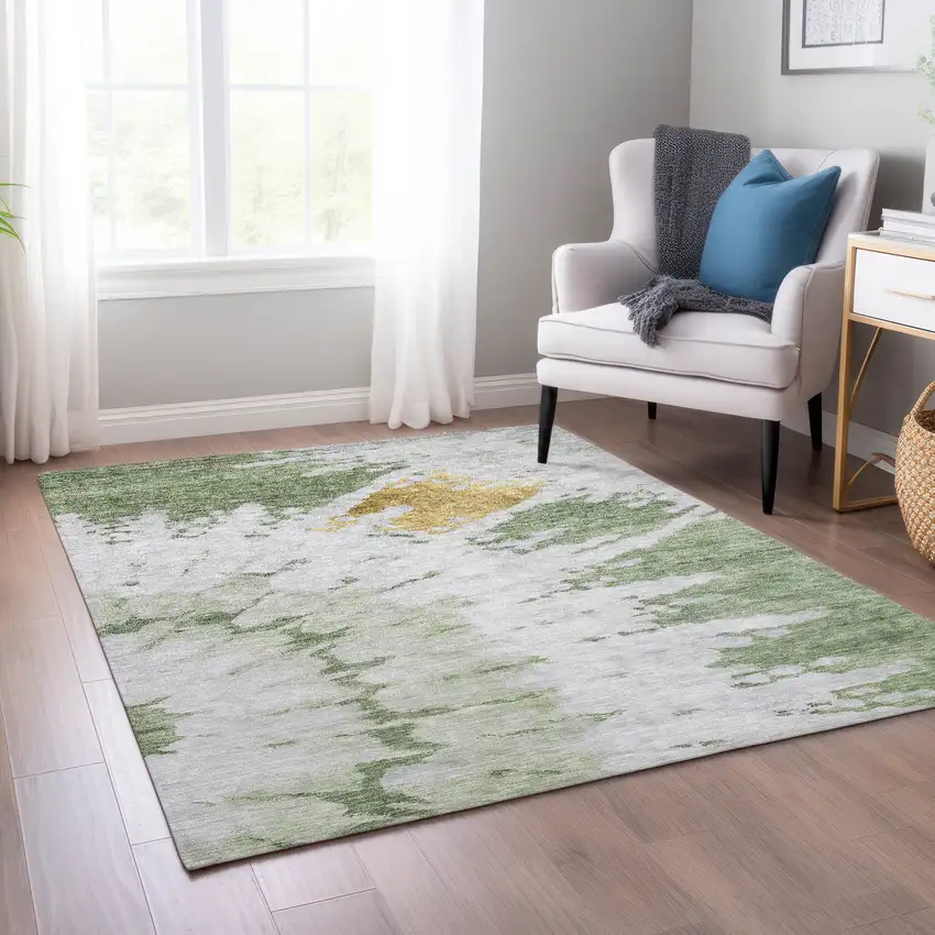 Artichoke Green And Olive Green Abstract Washable Indoor Outdoor Area Rug Photo 7
