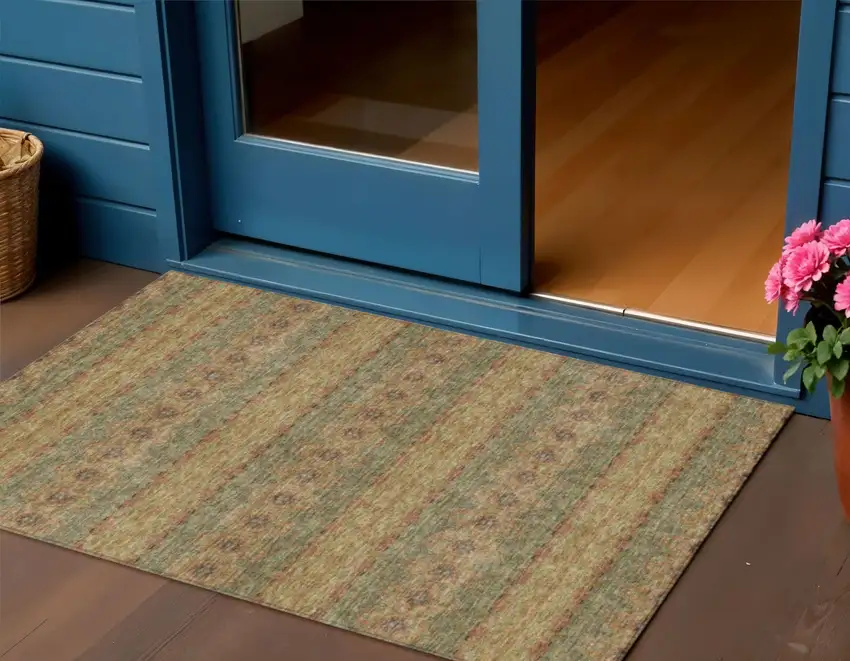 Artichoke Green And Olive Green Floral Medallion Washable Indoor Outdoor Area Rug Photo 1
