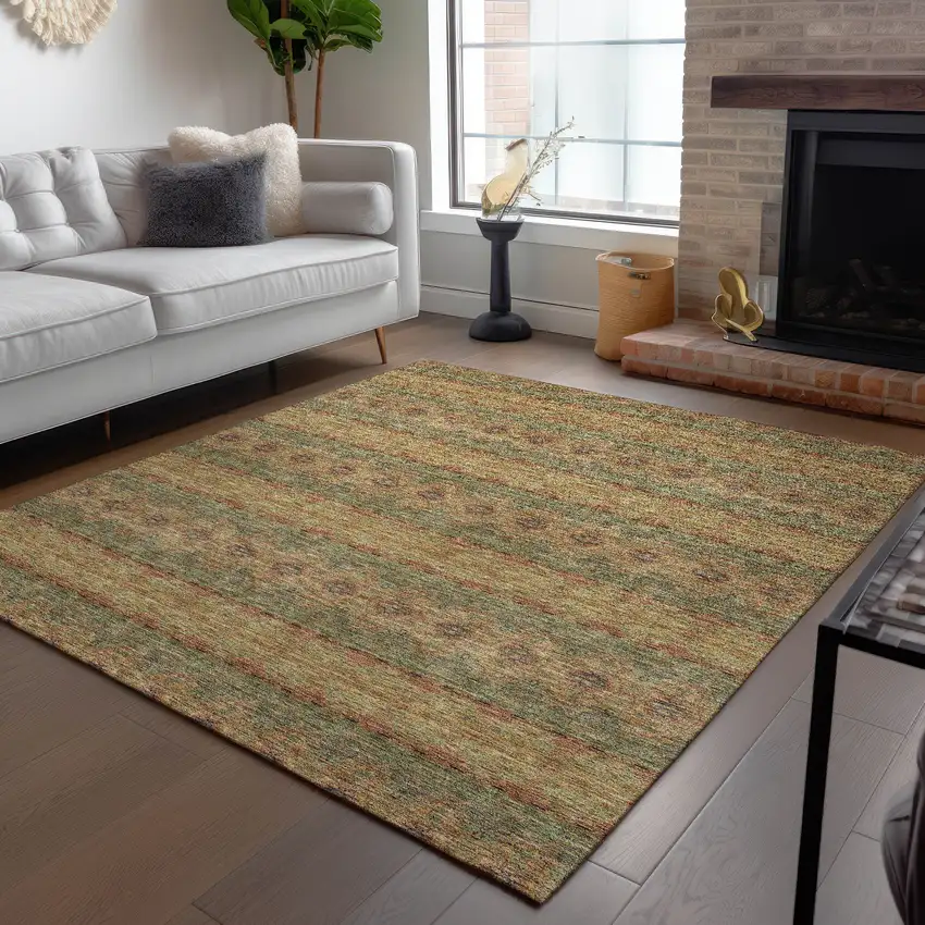 Artichoke Green And Olive Green Floral Medallion Washable Indoor Outdoor Area Rug Photo 9