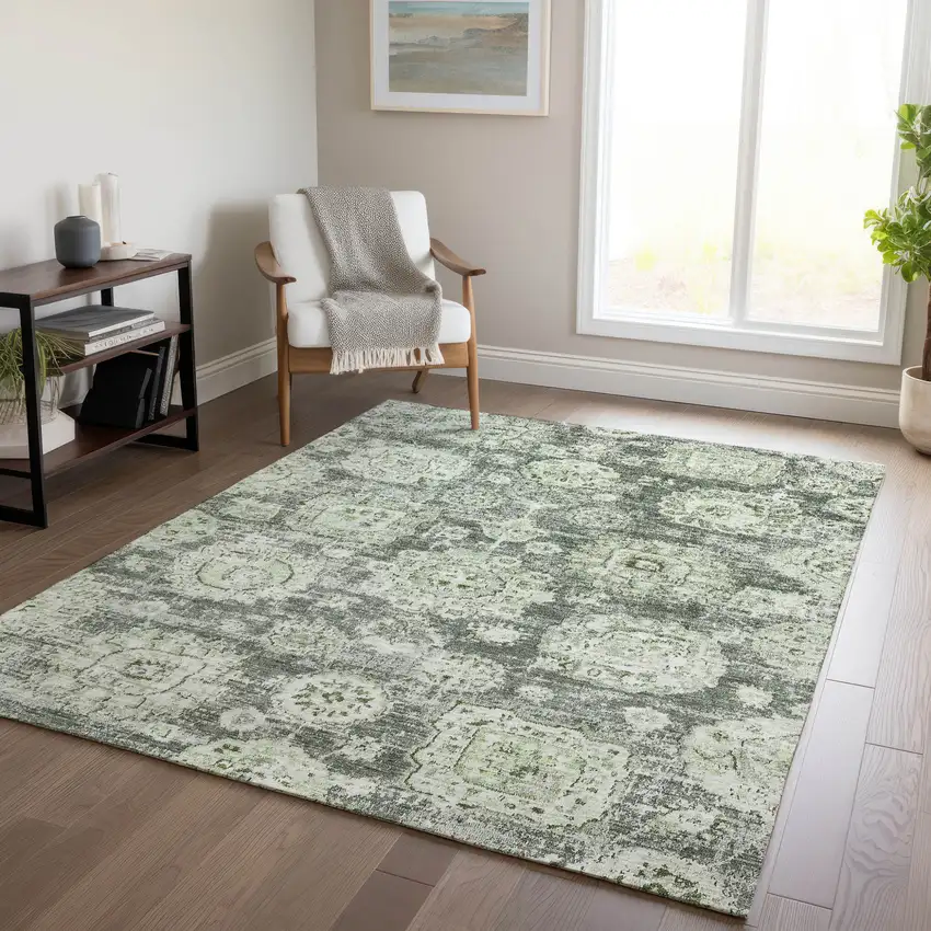 Artichoke Green And Olive Green Floral Washable Indoor Outdoor Area Rug Photo 8