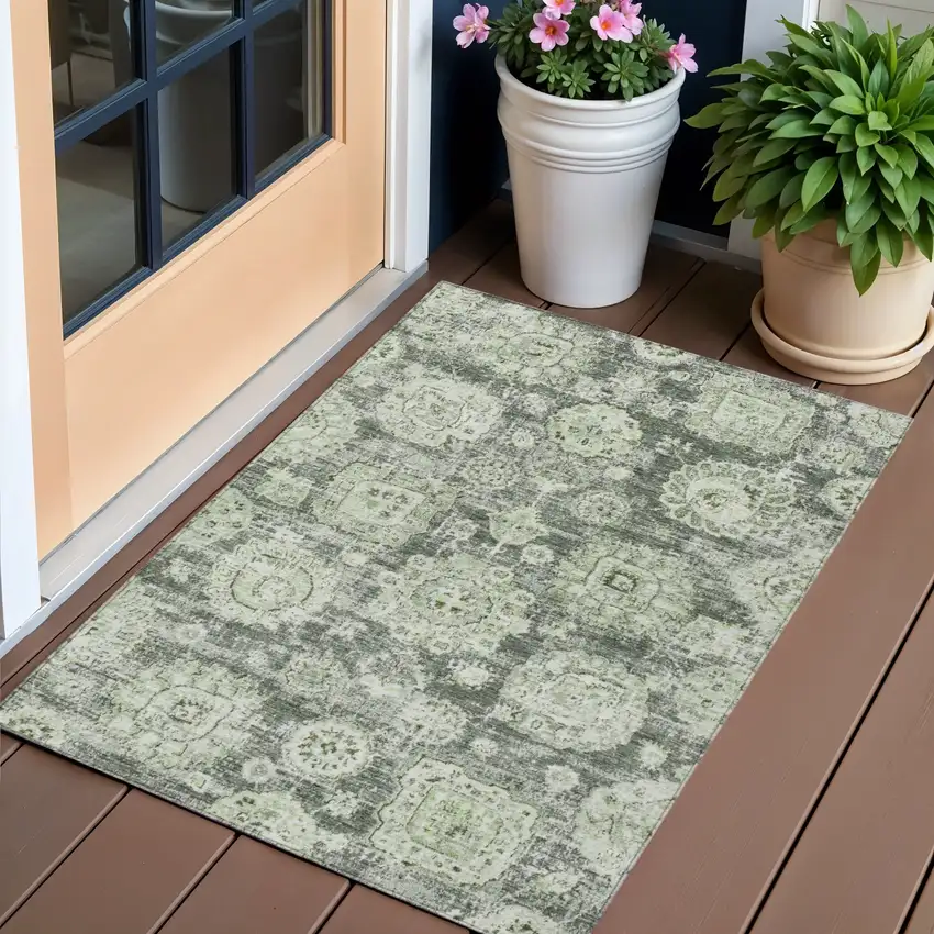 Artichoke Green And Olive Green Floral Washable Indoor Outdoor Area Rug Photo 1