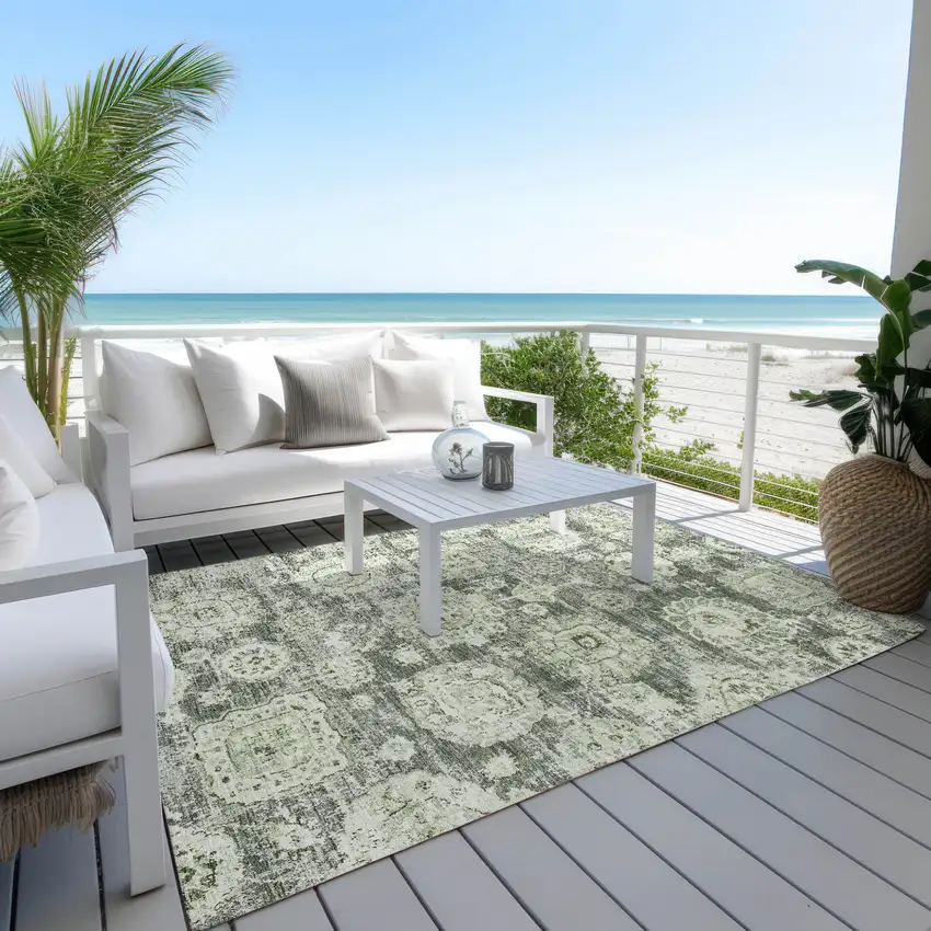 Artichoke Green And Olive Green Floral Washable Indoor Outdoor Area Rug Photo 7