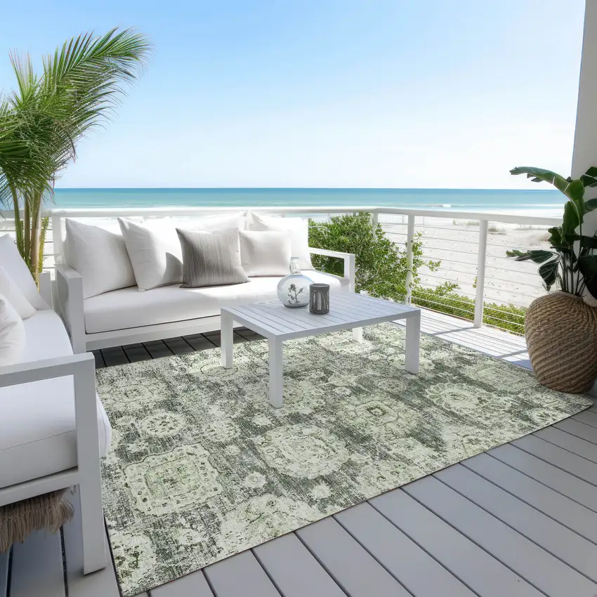 Artichoke Green And Olive Green Floral Washable Indoor Outdoor Area Rug Photo 7