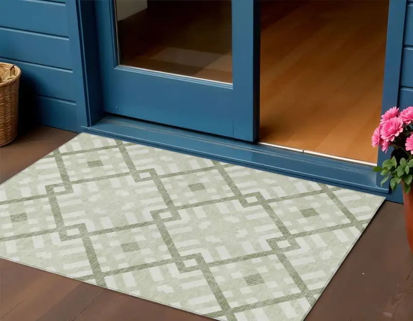 Artichoke Green And Olive Green Geometric Washable Indoor Outdoor Area Rug Photo 1