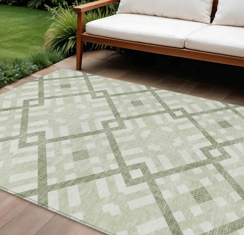 Artichoke Green And Olive Green Geometric Washable Indoor Outdoor Area Rug Photo 1