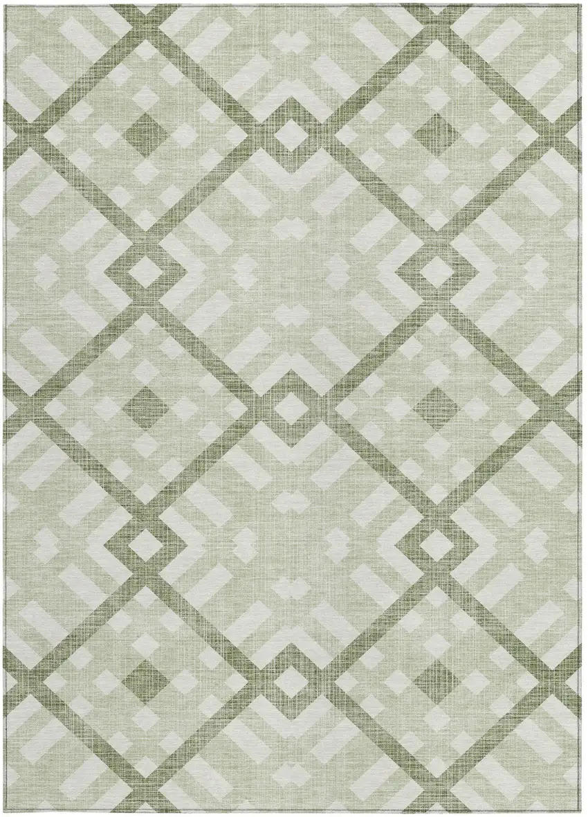 Artichoke Green And Olive Green Geometric Washable Indoor Outdoor Area Rug Photo 5