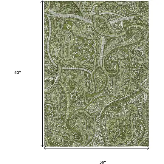 Artichoke Green And Olive Green Paisley Washable Indoor Outdoor Area Rug Photo 3