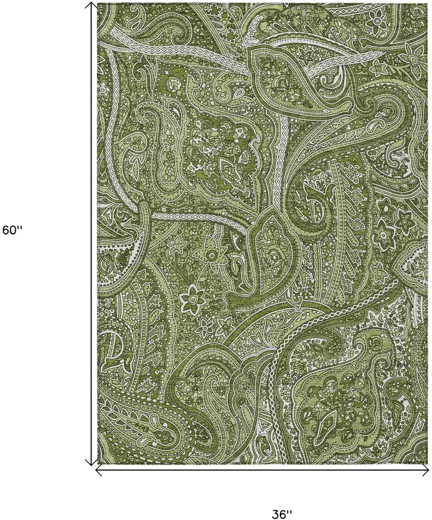 Artichoke Green And Olive Green Paisley Washable Indoor Outdoor Area Rug Photo 3