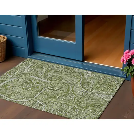 Artichoke Green And Olive Green Paisley Washable Indoor Outdoor Area Rug Photo 1
