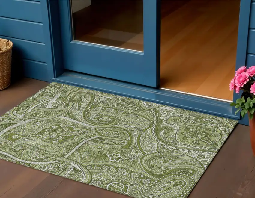 Artichoke Green And Olive Green Paisley Washable Indoor Outdoor Area Rug Photo 1