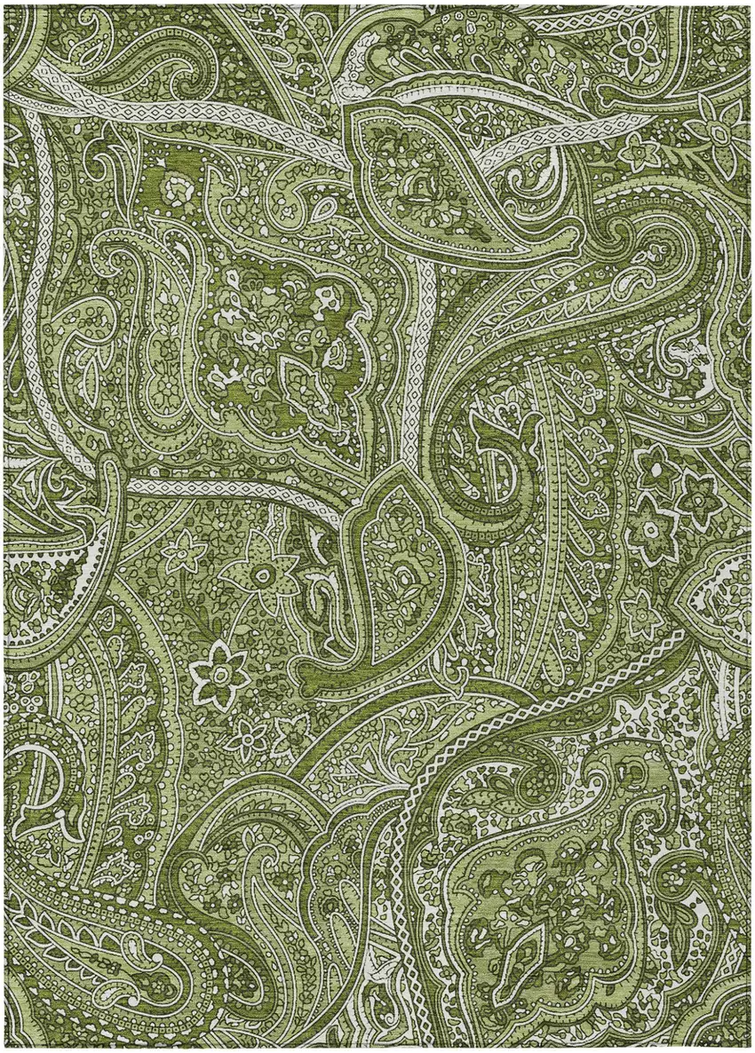 Artichoke Green And Olive Green Paisley Washable Indoor Outdoor Area Rug Photo 2