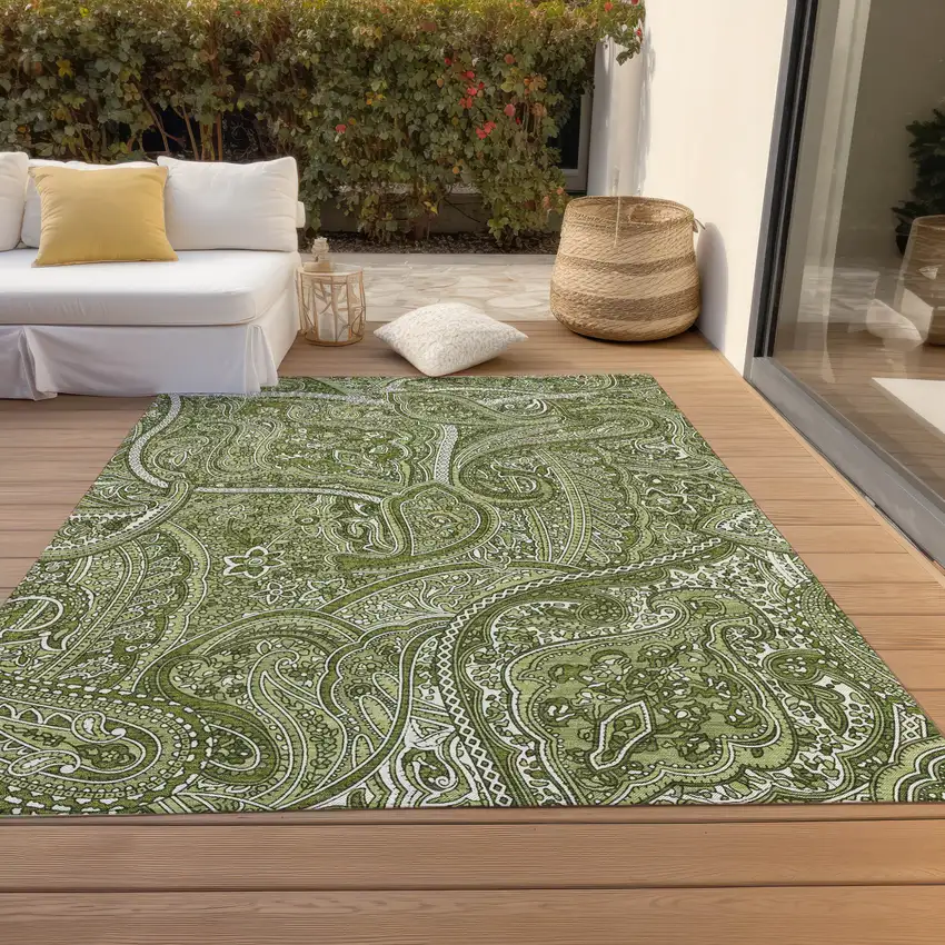 Artichoke Green And Olive Green Paisley Washable Indoor Outdoor Area Rug Photo 9
