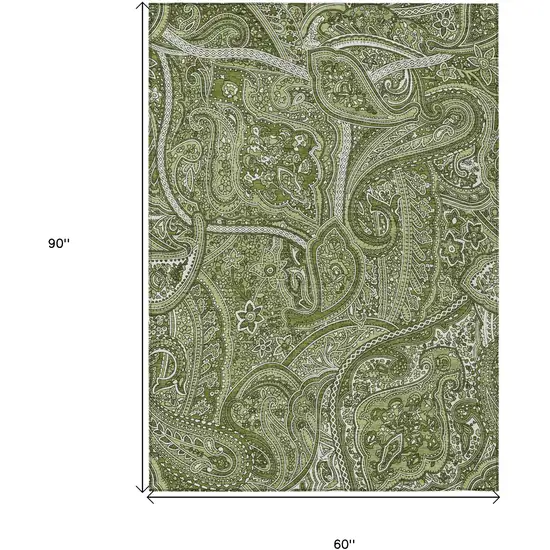 Artichoke Green And Olive Green Paisley Washable Indoor Outdoor Area Rug Photo 3
