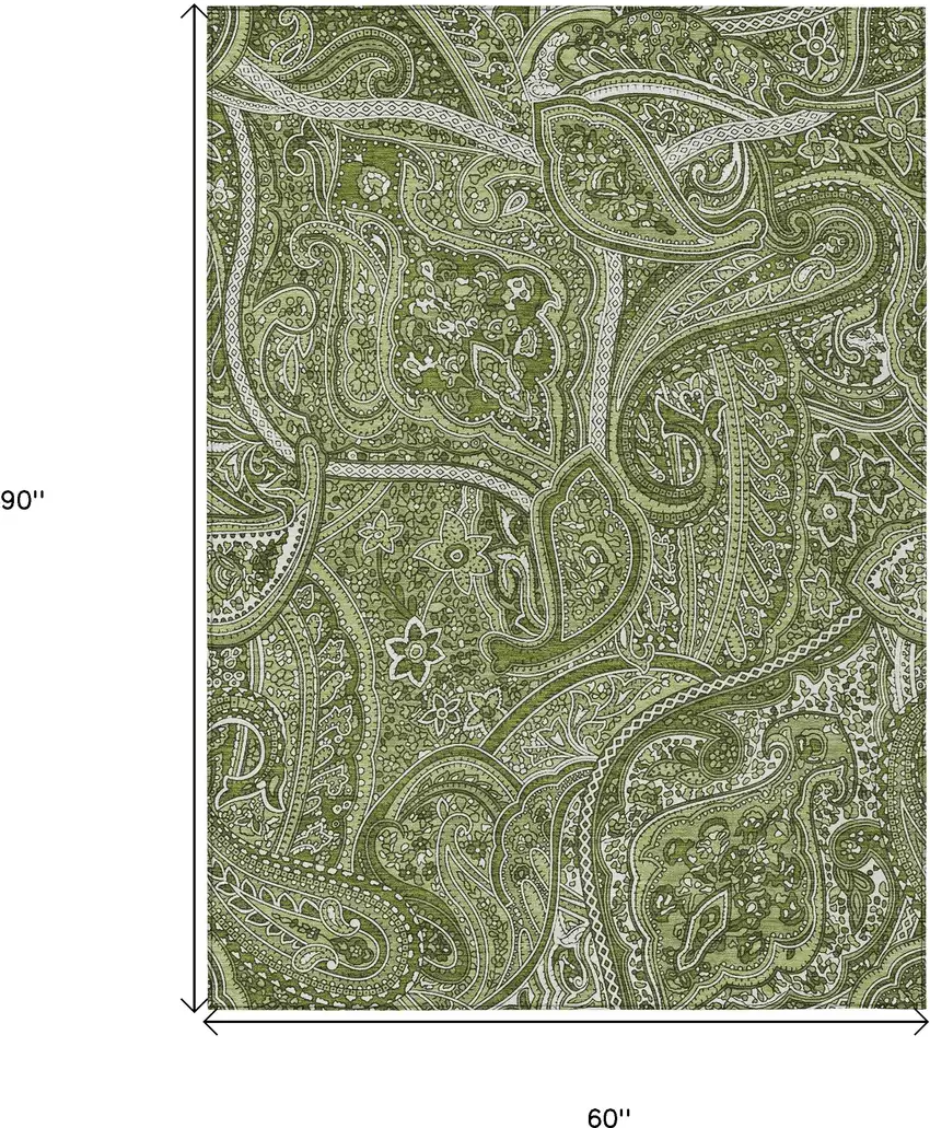 Artichoke Green And Olive Green Paisley Washable Indoor Outdoor Area Rug Photo 3