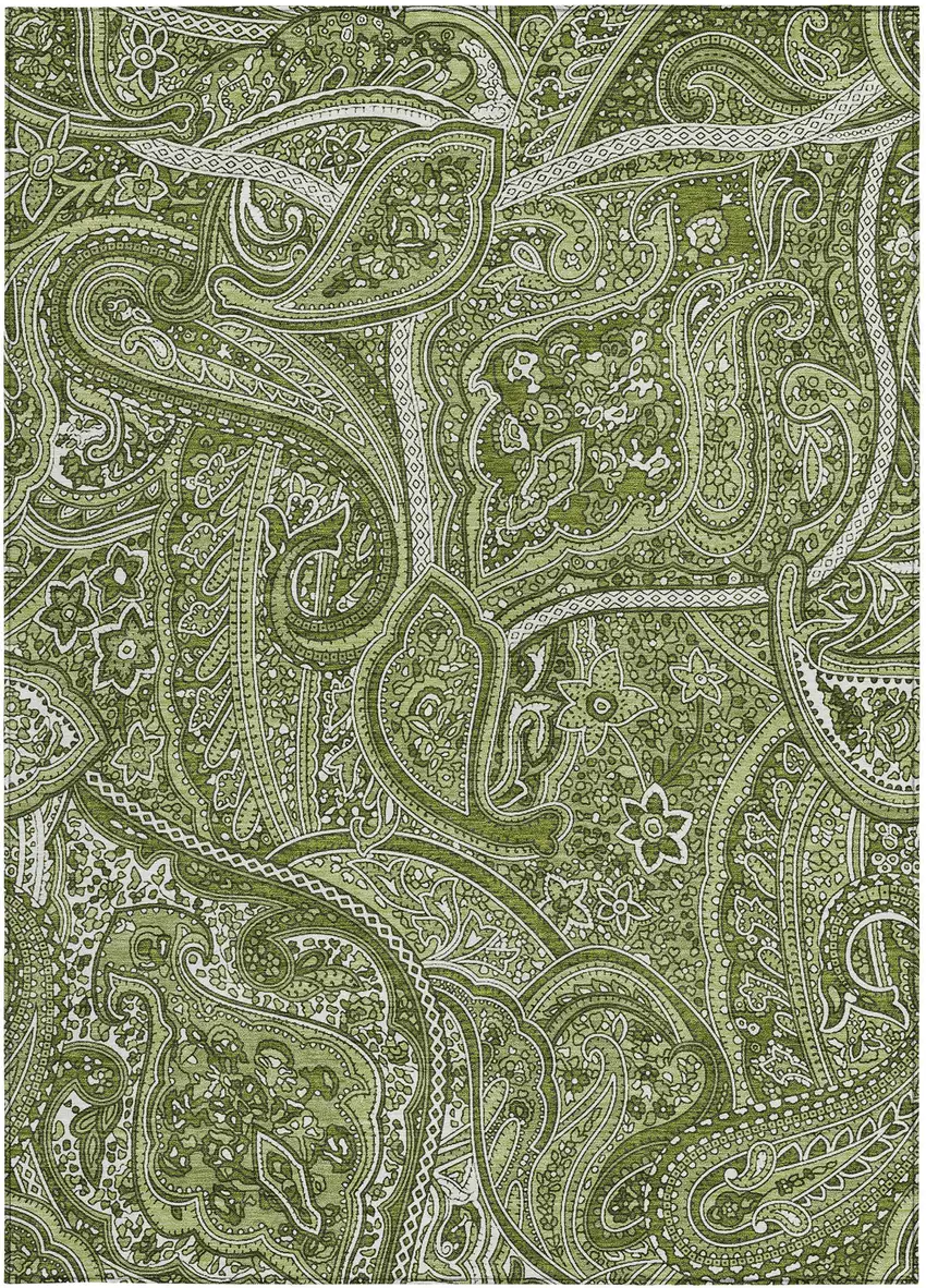 Artichoke Green And Olive Green Paisley Washable Indoor Outdoor Area Rug Photo 6