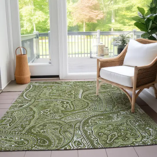 Artichoke Green And Olive Green Paisley Washable Indoor Outdoor Area Rug Photo 9