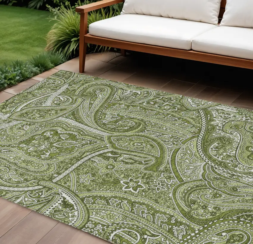 Artichoke Green And Olive Green Paisley Washable Indoor Outdoor Area Rug Photo 1