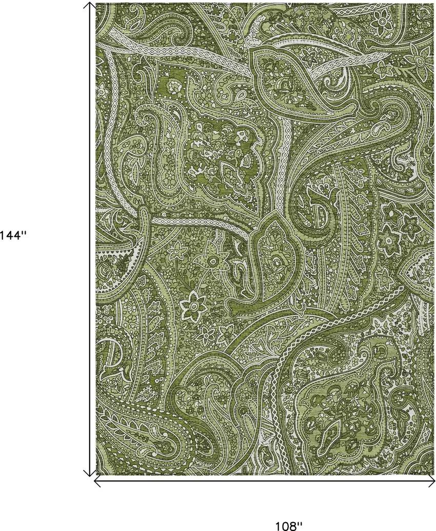 Artichoke Green And Olive Green Paisley Washable Indoor Outdoor Area Rug Photo 3