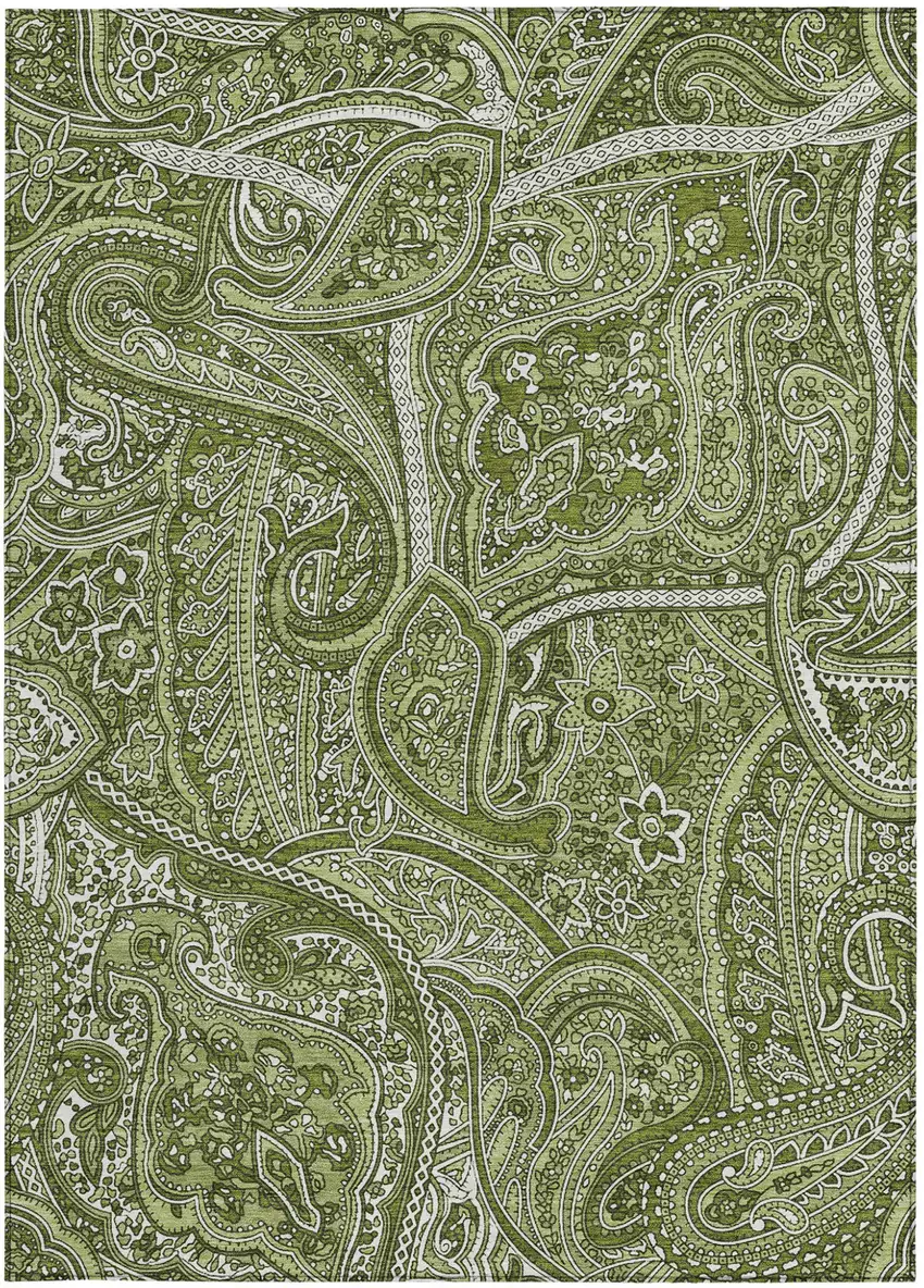 Artichoke Green And Olive Green Paisley Washable Indoor Outdoor Area Rug Photo 5