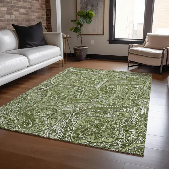 Artichoke Green And Olive Green Paisley Washable Indoor Outdoor Area Rug Photo 7
