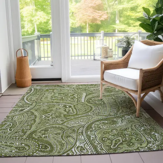 Artichoke Green And Olive Green Paisley Washable Indoor Outdoor Area Rug Photo 8
