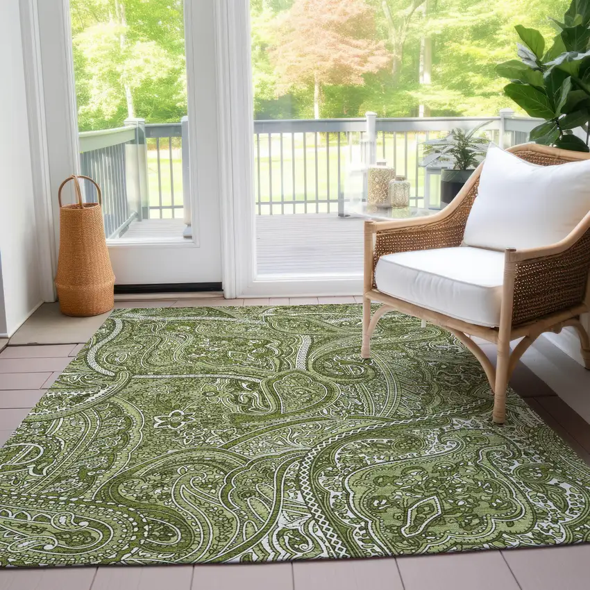 Artichoke Green And Olive Green Paisley Washable Indoor Outdoor Area Rug Photo 9