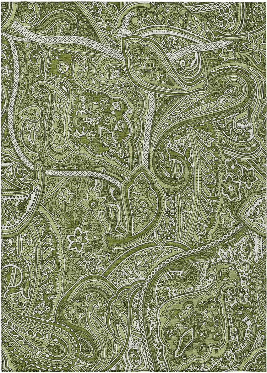 Artichoke Green And Olive Green Paisley Washable Indoor Outdoor Area Rug Photo 2