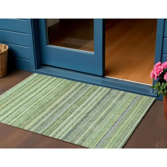 Artichoke Green And Olive Green Striped Washable Indoor Outdoor Area Rug Photo 1