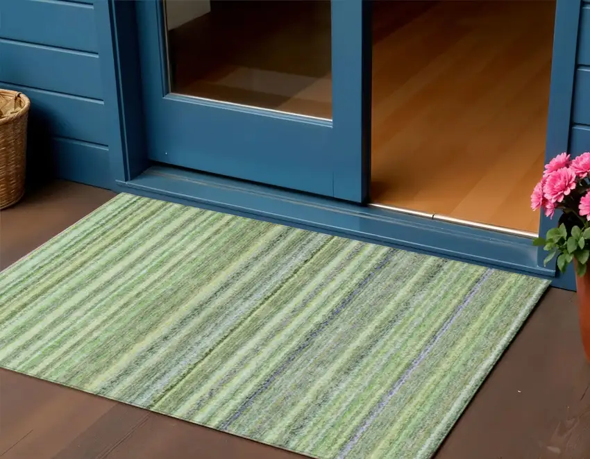 Artichoke Green And Olive Green Striped Washable Indoor Outdoor Area Rug Photo 1