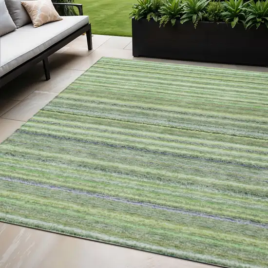 Artichoke Green And Olive Green Striped Washable Indoor Outdoor Area Rug Photo 1