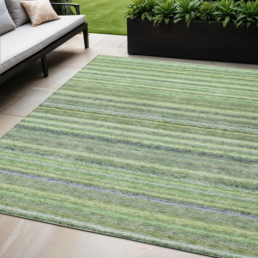 Artichoke Green And Olive Green Striped Washable Indoor Outdoor Area Rug Photo 1