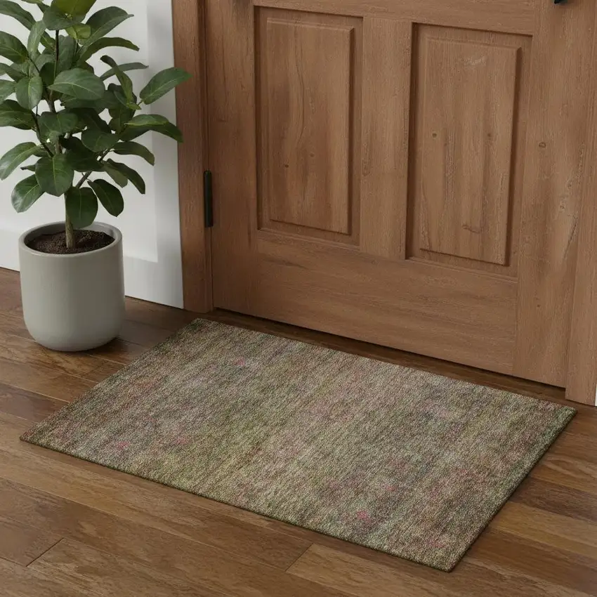 Artichoke Green And Pink Abstract Washable Area Rug With UV Protection Photo 1