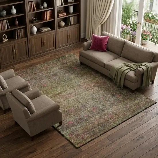 Artichoke Green And Pink Abstract Washable Area Rug With UV Protection Photo 1