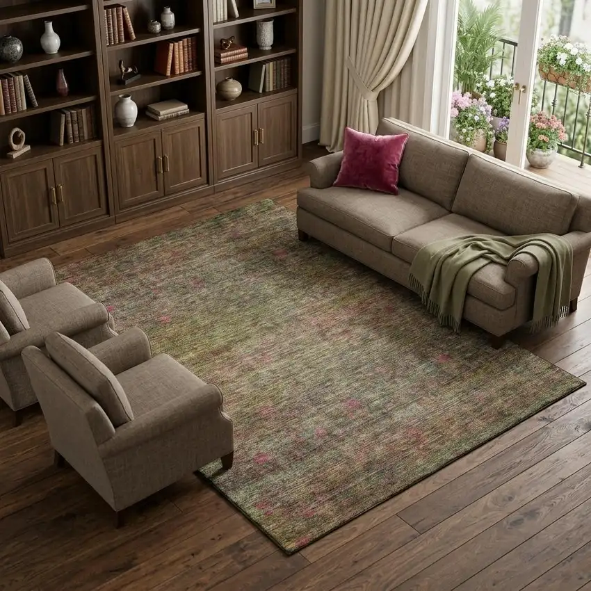 Artichoke Green And Pink Abstract Washable Area Rug With UV Protection Photo 1