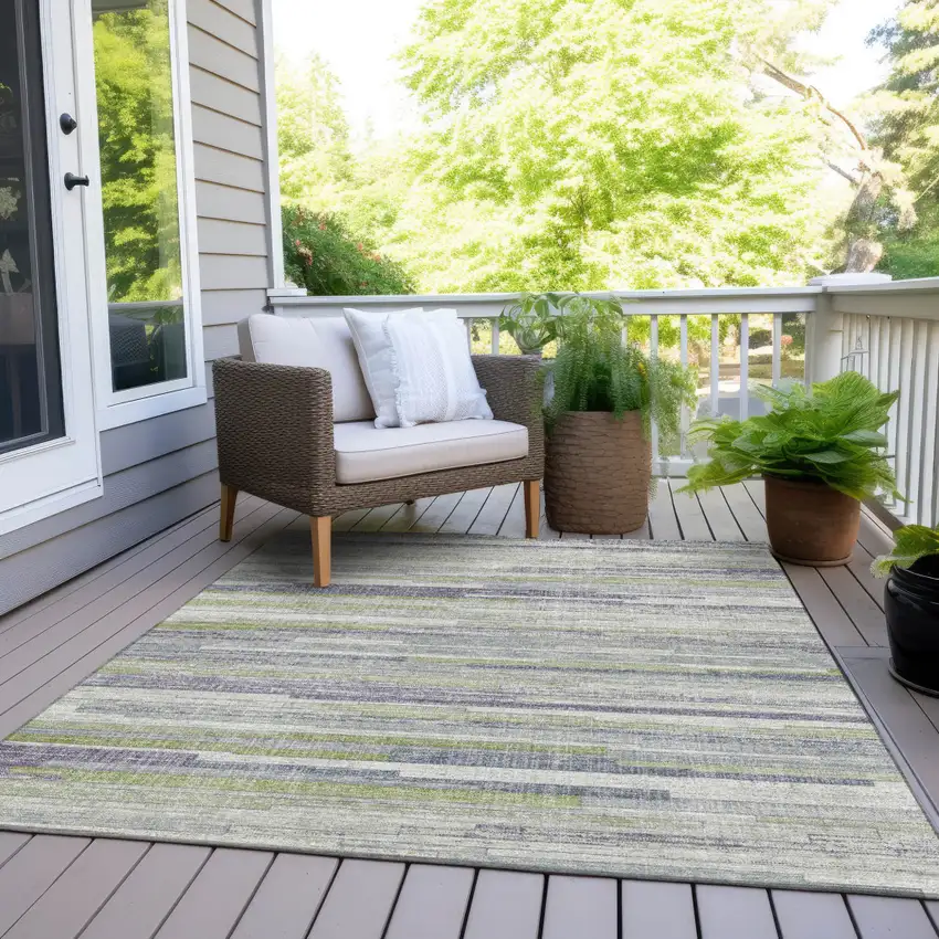 Artichoke Green And Plum Striped Washable Indoor Outdoor Area Rug Photo 8