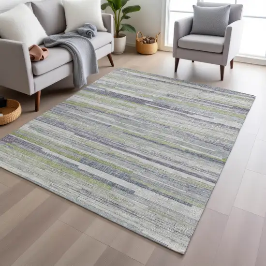 Artichoke Green And Plum Striped Washable Indoor Outdoor Area Rug Photo 6