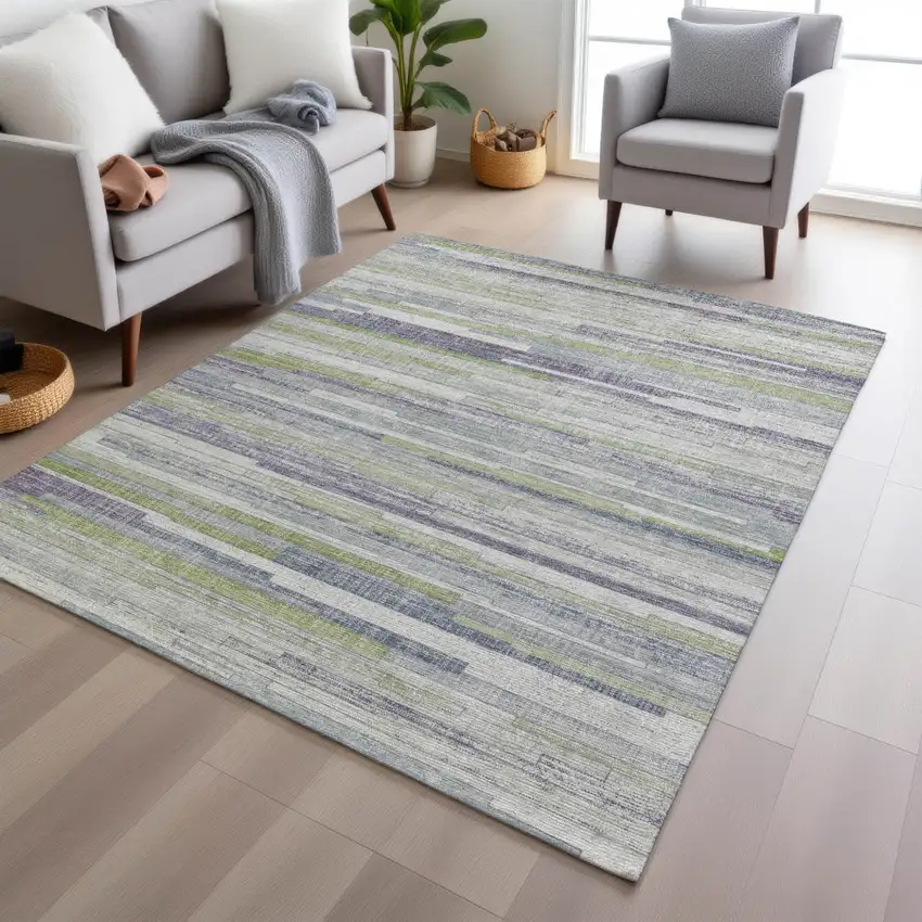 Artichoke Green And Plum Striped Washable Indoor Outdoor Area Rug Photo 6