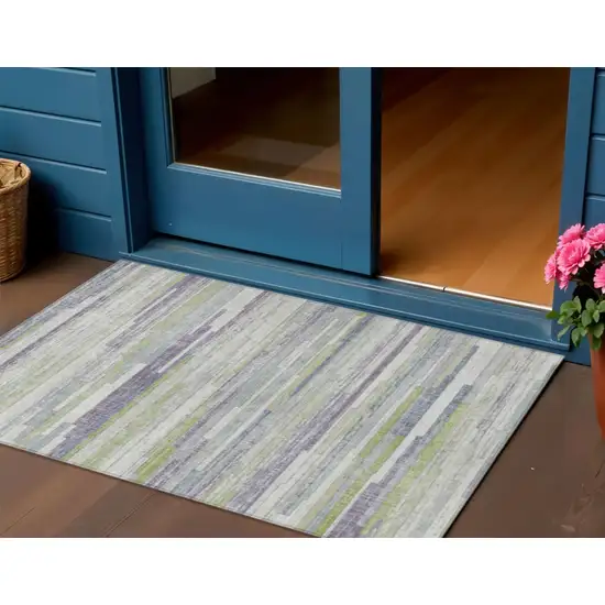 Artichoke Green And Plum Striped Washable Indoor Outdoor Area Rug Photo 2