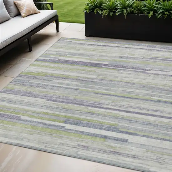 Artichoke Green And Plum Striped Washable Indoor Outdoor Area Rug Photo 2
