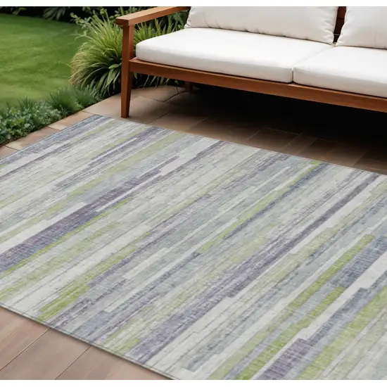 Artichoke Green And Plum Striped Washable Indoor Outdoor Area Rug Photo 2