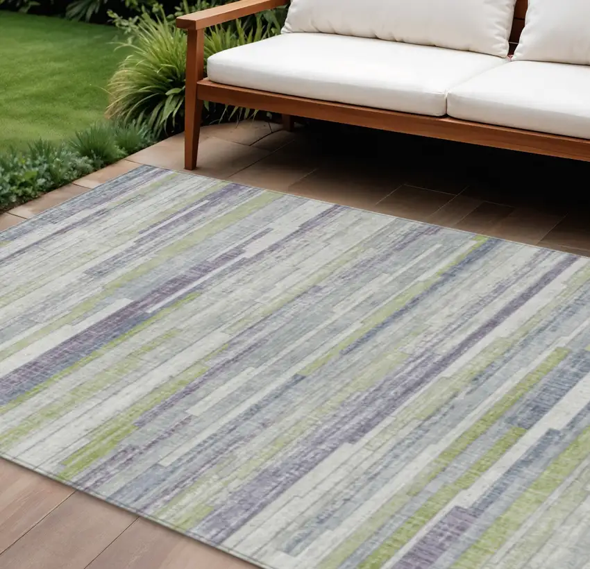 Artichoke Green And Plum Striped Washable Indoor Outdoor Area Rug Photo 2