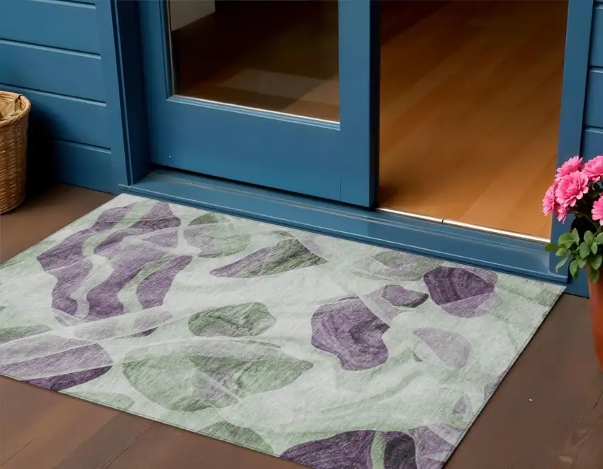 Artichoke Green And Purple Abstract Washable Indoor Outdoor Area Rug Photo 2