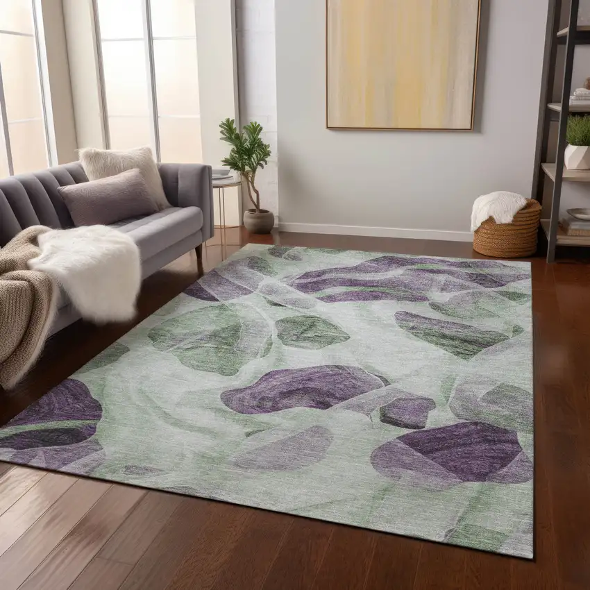 Artichoke Green And Purple Abstract Washable Indoor Outdoor Area Rug Photo 6