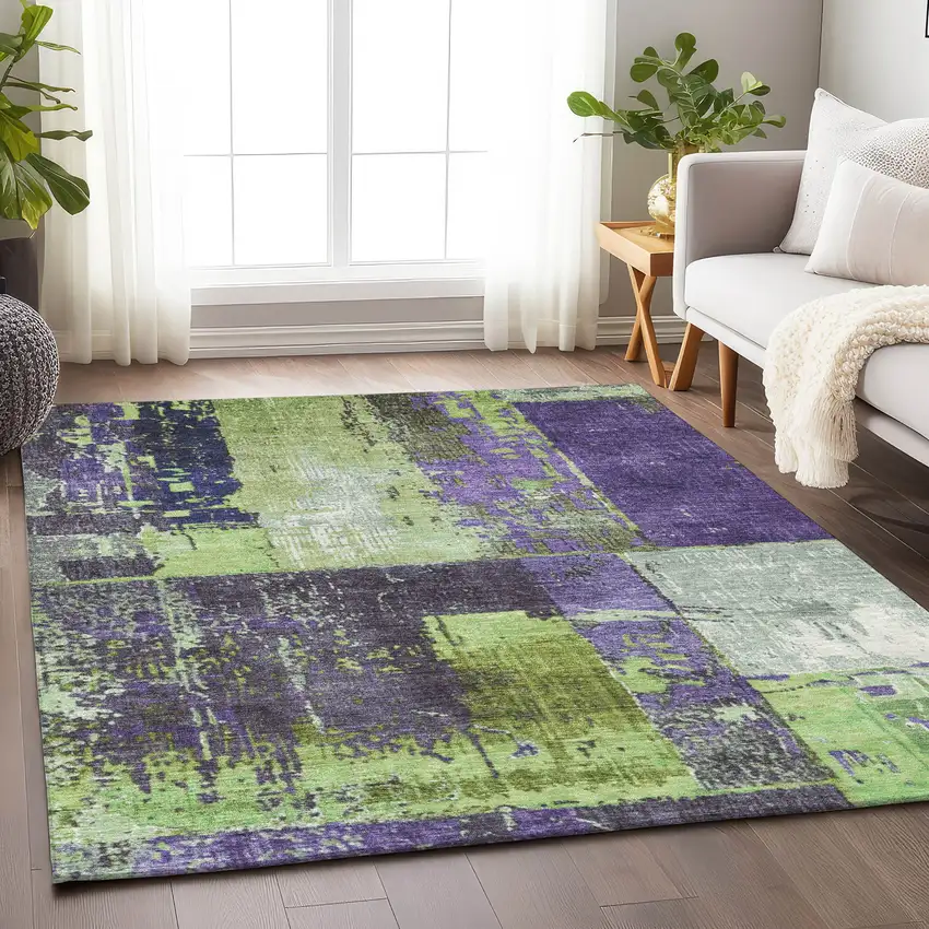 Artichoke Green And Purple Abstract Washable Indoor Outdoor Area Rug Photo 6