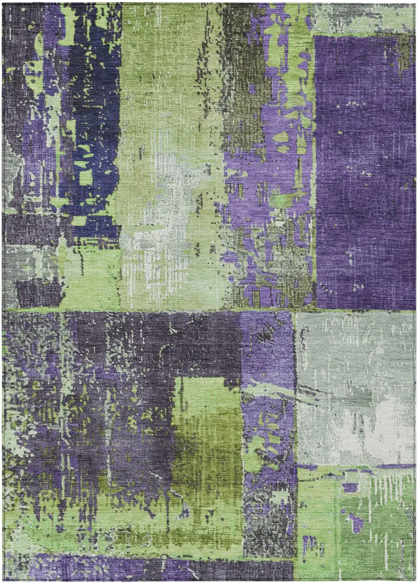 Artichoke Green And Purple Abstract Washable Indoor Outdoor Area Rug Photo 1
